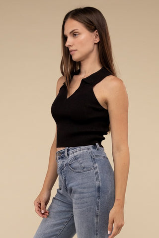 Sleeveless Collared Crop Knit Top