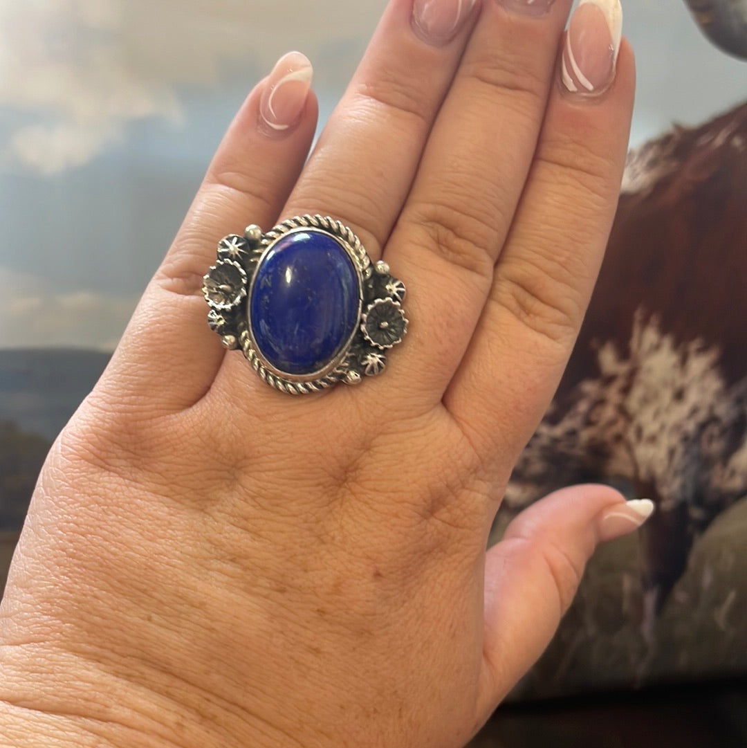 Navajo Lapis & Sterling Silver Flower Ring