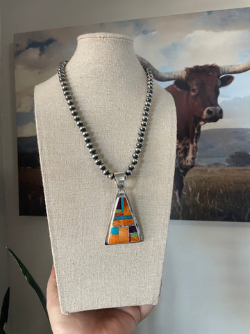 Navajo Multi Stone Inlay & Sterling Silver Pendant