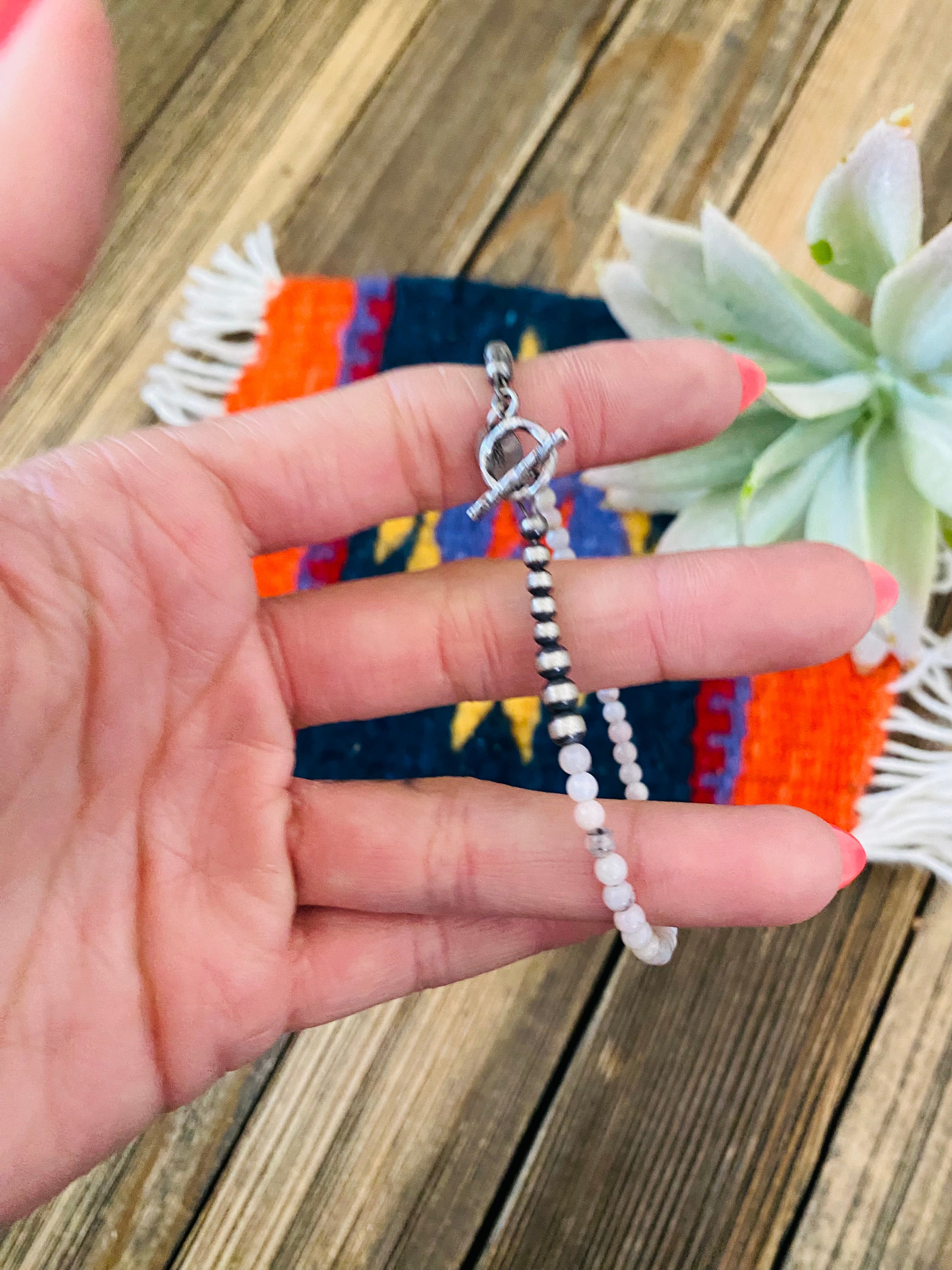 Navajo Queen Pink Conch Shell & Sterling Silver Beaded Bracelet