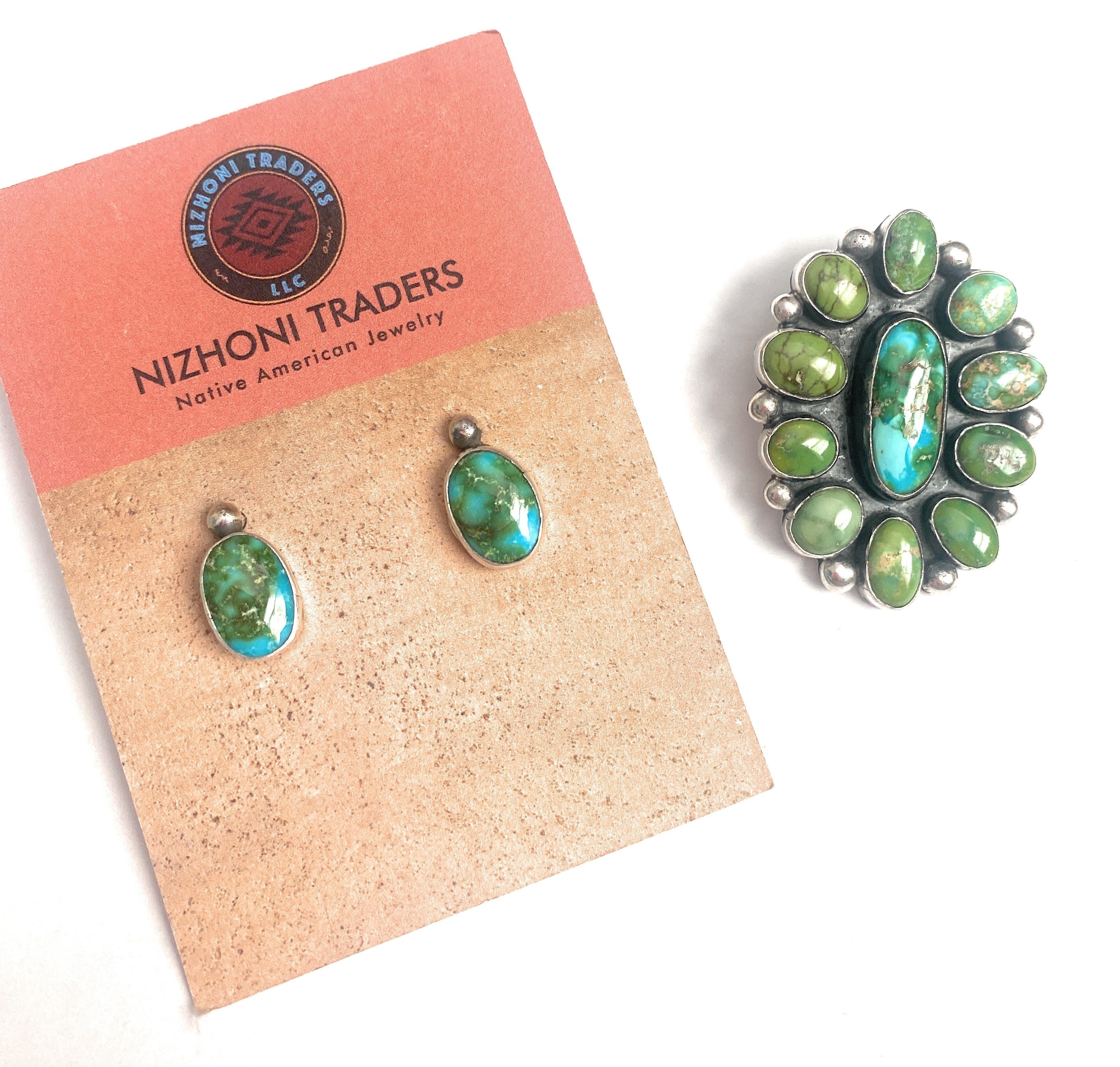 Navajo Sonoran Mountain Turquoise & Sterling Silver Cluster Earrings & Pendant Set