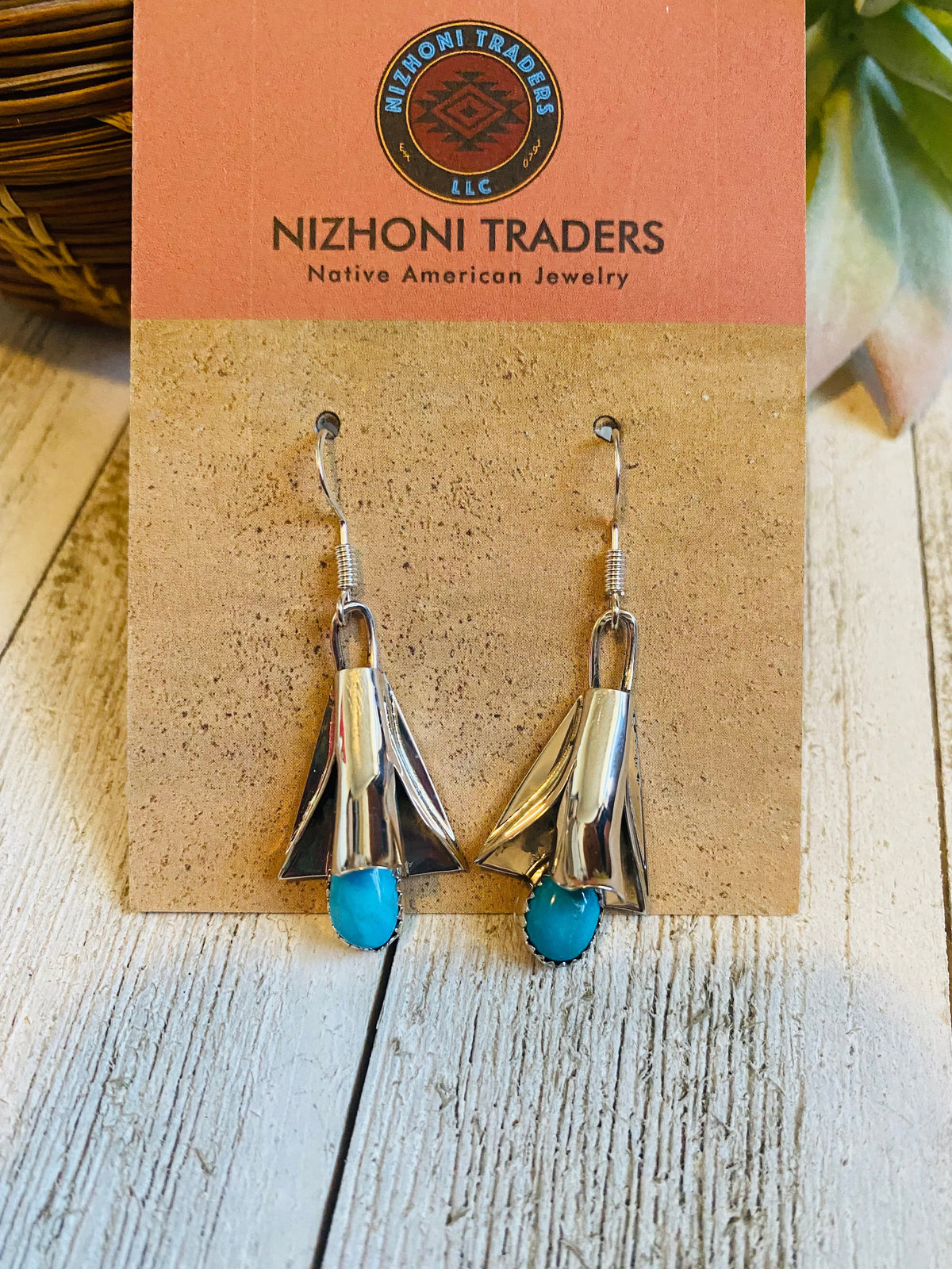 Navajo Turquoise & Sterling Silver Blossom Dangle Earrings