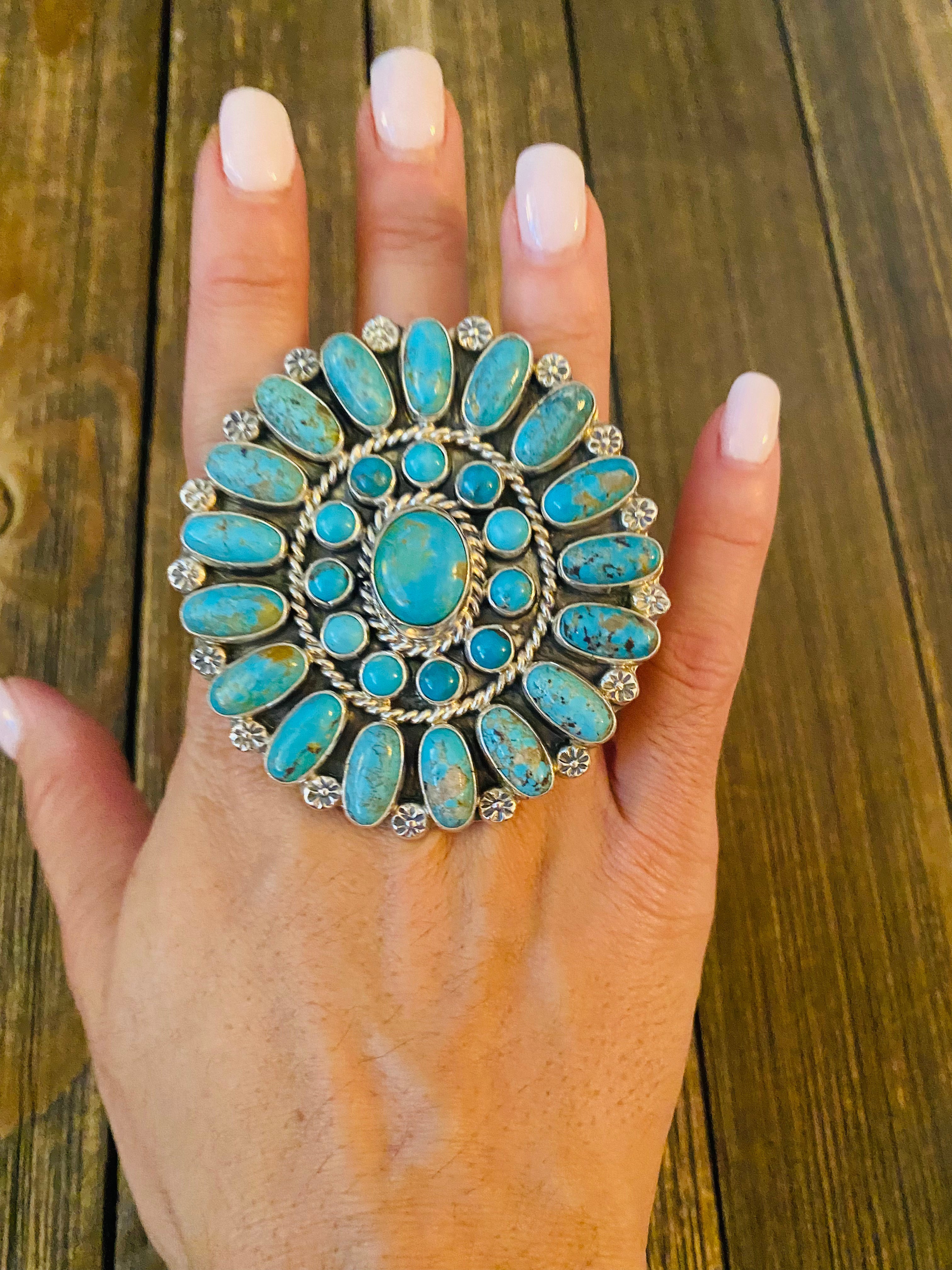 Navajo Kingman Turquoise & Sterling Silver Adjustable Cluster Ring