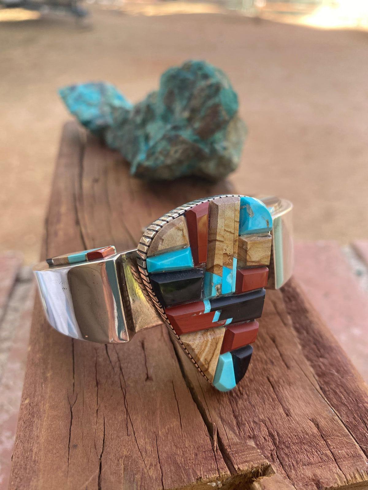 Navajo Multi Stone & Sterling Silver High Rise Inlay Cuff Bracelet