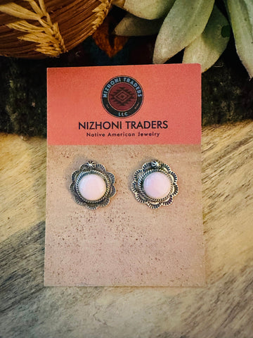 Navajo Queen Pink Conch & Sterling Silver Stud Earrings