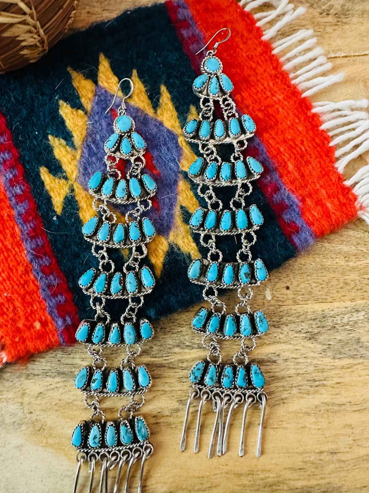 Navajo Turquoise & Sterling Silver Chandelier Dangle Earrings