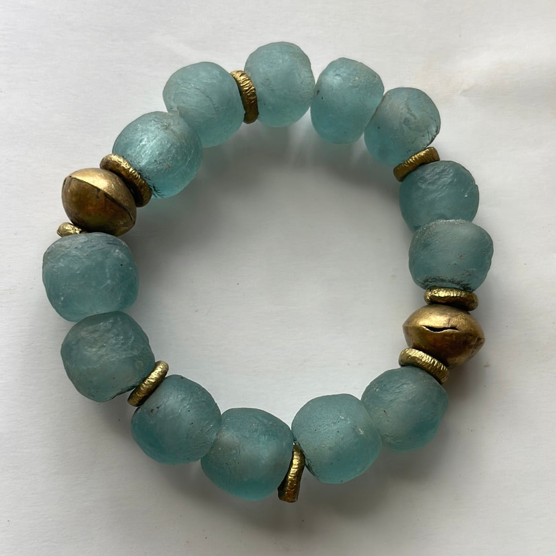 Handmade Recycled Glass Beaded Stretch Bracelet OCEAN BLUE