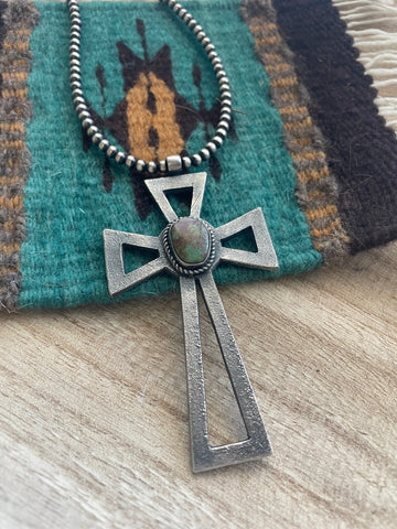 Navajo Sterling Silver & Turquoise Cross Pendant Signed Eugene Mitchell