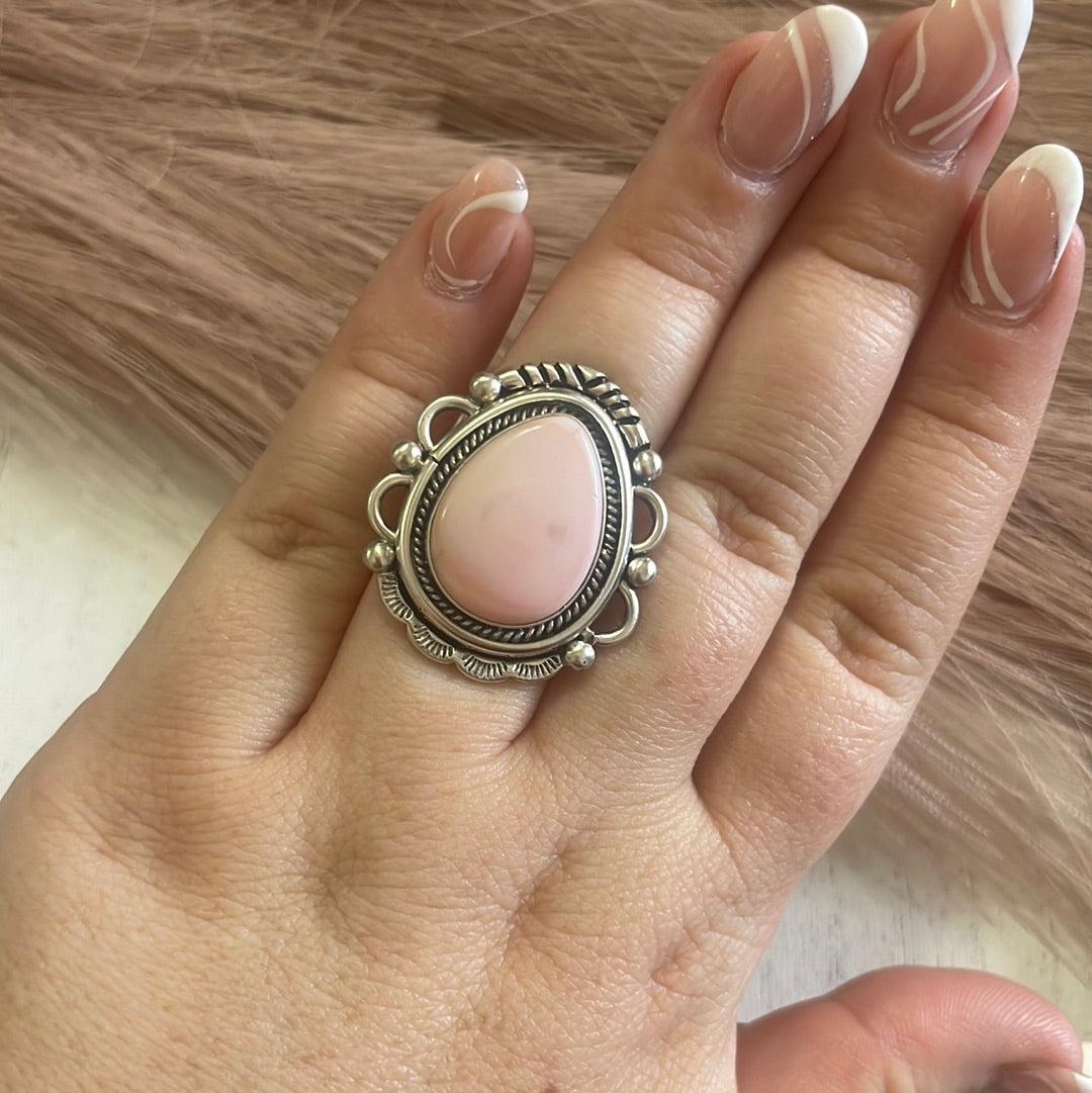 Gorgeous Navajo Pink Peruvian Opal And Sterling Silver Adjustable Ring