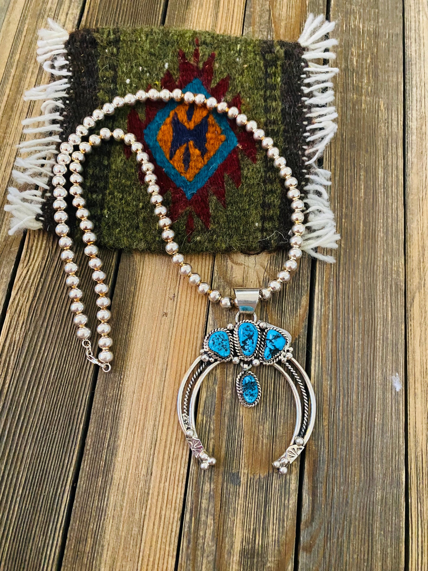 Navajo Sterling Silver & Kingman Turquoise Beaded Naja Necklace