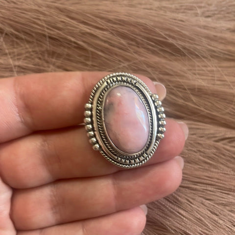 Gorgeous Navajo Pink Peruvian Opal And Sterling Silver Adjustable Ring