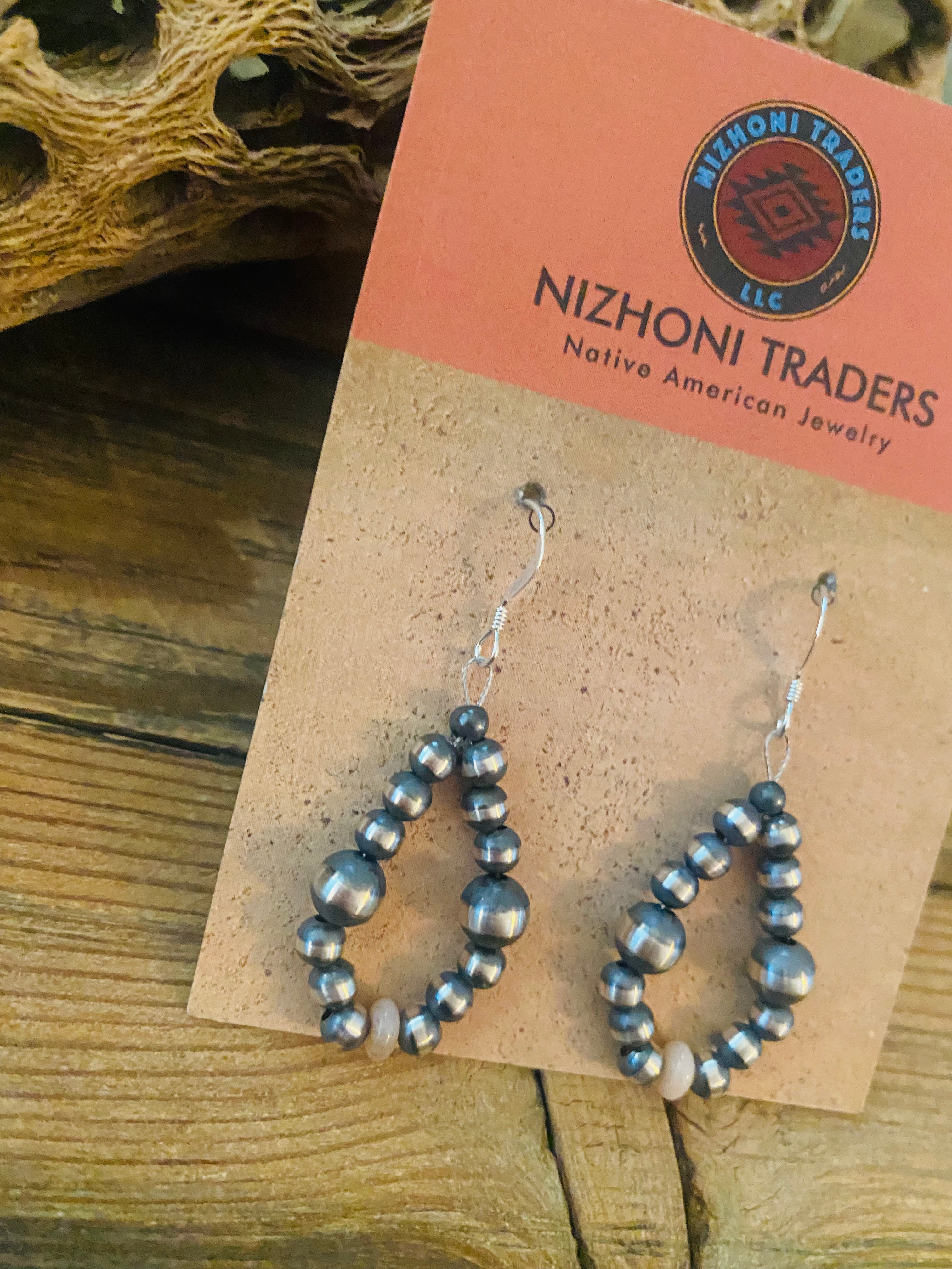 Navajo Sterling Silver Pearl & Pink Opal Dangle Hoop Earrings