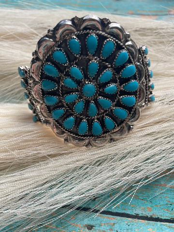 Navajo Sterling Silver & Turquoise Statement Cuff Bracelet Signed