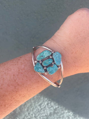 “The Jessi” Navajo Turquoise & Sterling Cluster Adjustable Cuff By J Begay