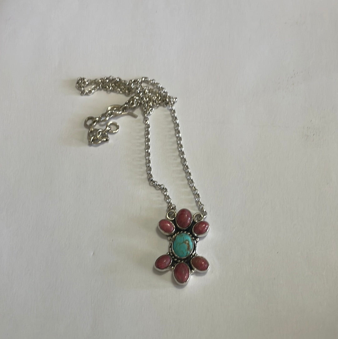 Handmade Sterling Silver, Rhodonite & Turquoise Necklace