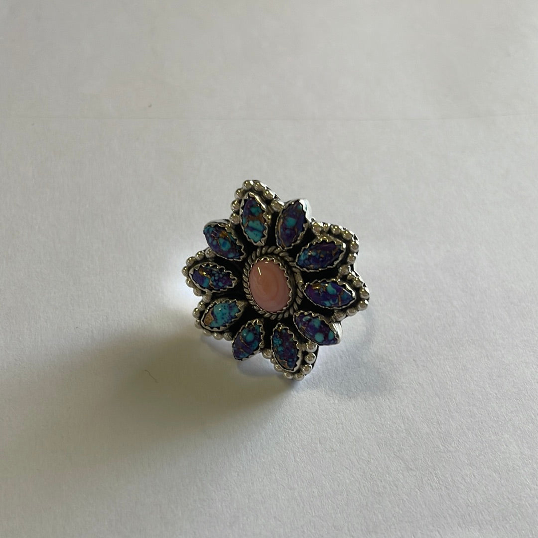 “Buy Me Flowers” Sterling Silver, Purple Dream Mojave & Pink Conch Adjustable Ring