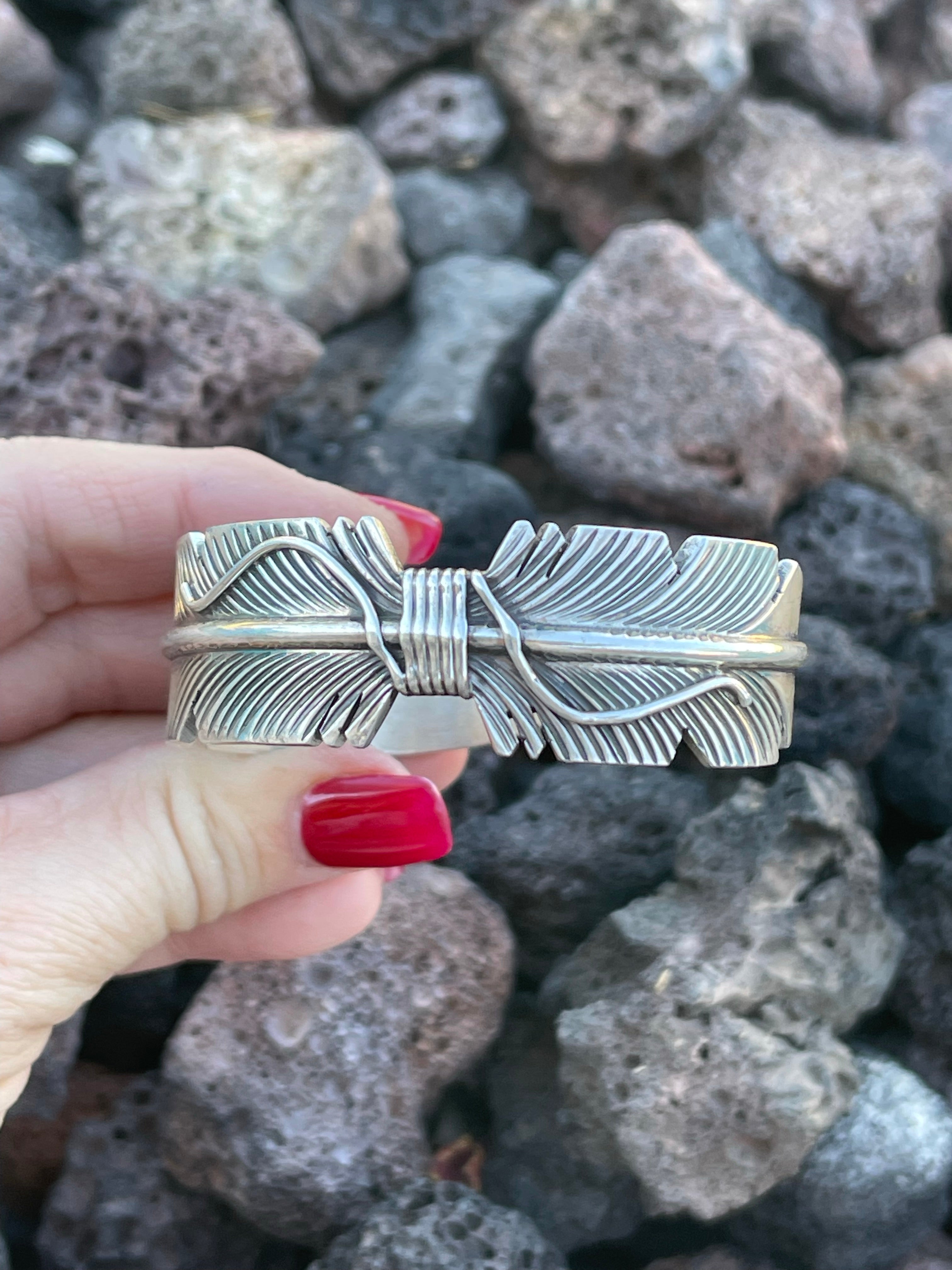 Navajo Sterling Silver Hand Crafted Feather Bracelet Cuff