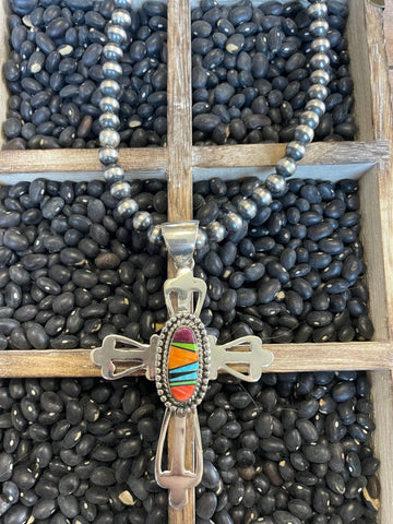 Navajo Multi Stone Inlay & Sterling Silver Cross Pendant Signed