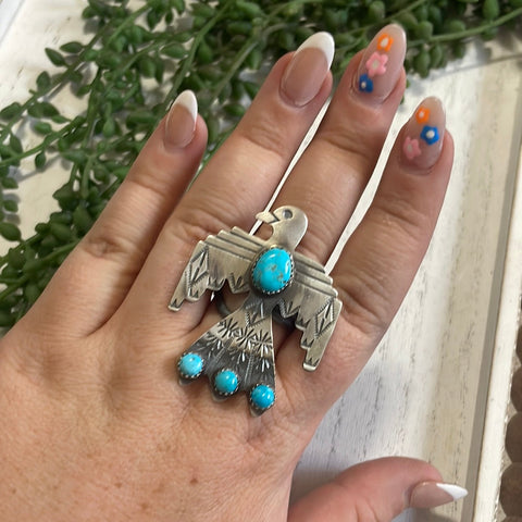 Navajo Thunderbird Sterling Silver & Turquoise Adjustable Ring Signed