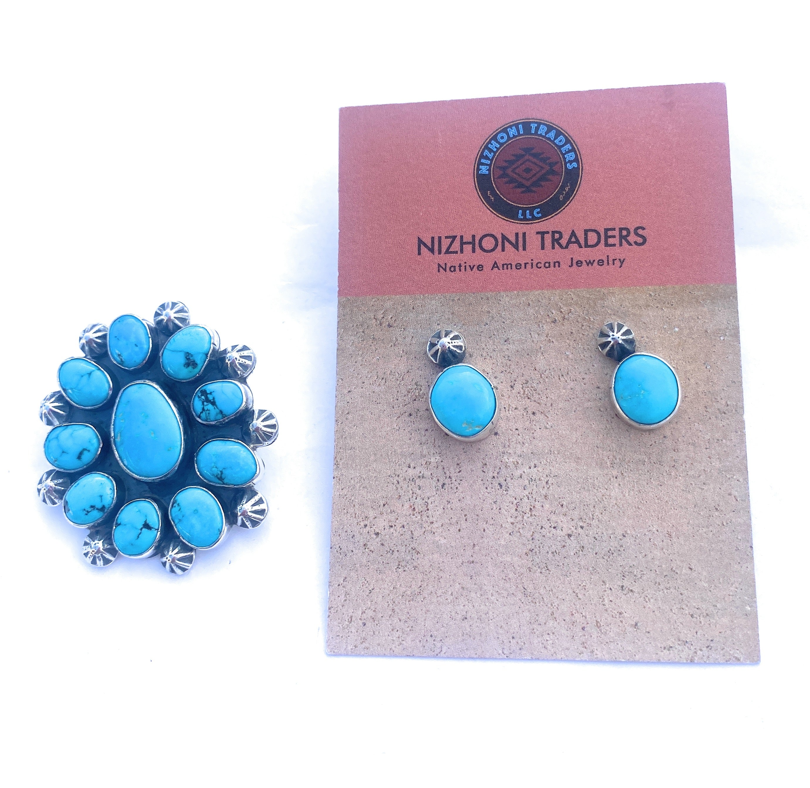 Navajo Sleeping Beauty Turquoise & Sterling Silver Cluster Earrings & Pendant Set