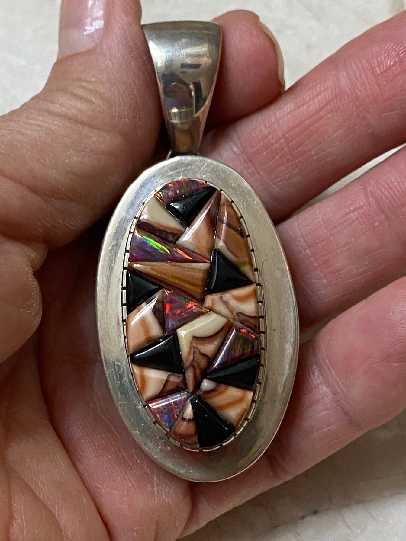 Navajo Onyx, Purple Spiny, Coral & Sterling Silver Pendant