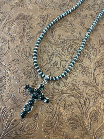 Handmade Sterling Silver and Black Onyx Cross Pendant Signed Nizhoni