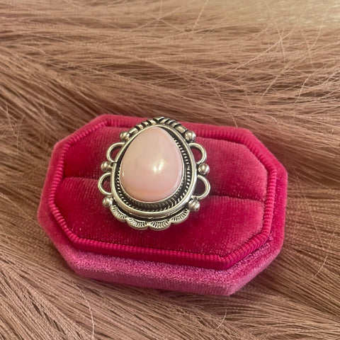 Gorgeous Navajo Pink Peruvian Opal And Sterling Silver Adjustable Ring