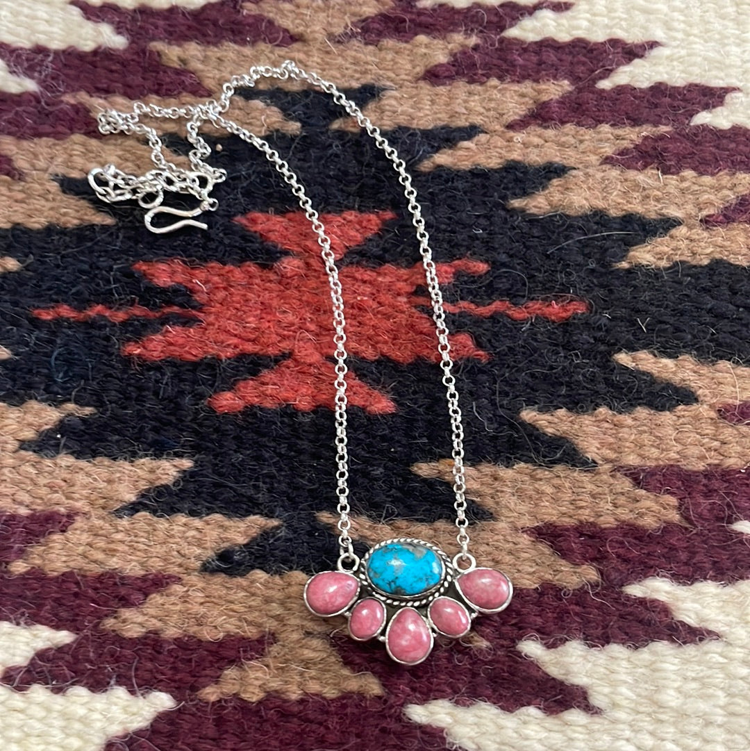 Handmade Sterling Silver, Rhodonite & Turquoise Necklace