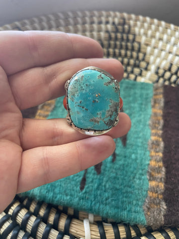 Navajo Turquoise, Coral & Sterling Silver Ring Size 12