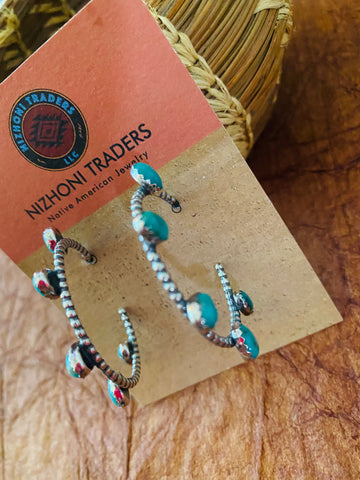 Navajo Sterling Silver & Turquoise Hoop Earrings