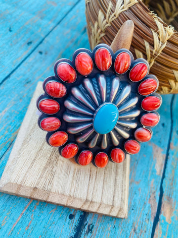 Navajo Red Spiny, Turquoise & Sterling Silver Adjustable Ring