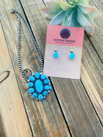 Navajo Sleeping Beauty Turquoise & Sterling Silver Cluster Earrings & Pendant Set