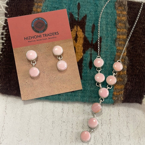 Navajo Queen Pink Conch Shell And Sterling Silver Lariat Necklace Earrings Set Signed