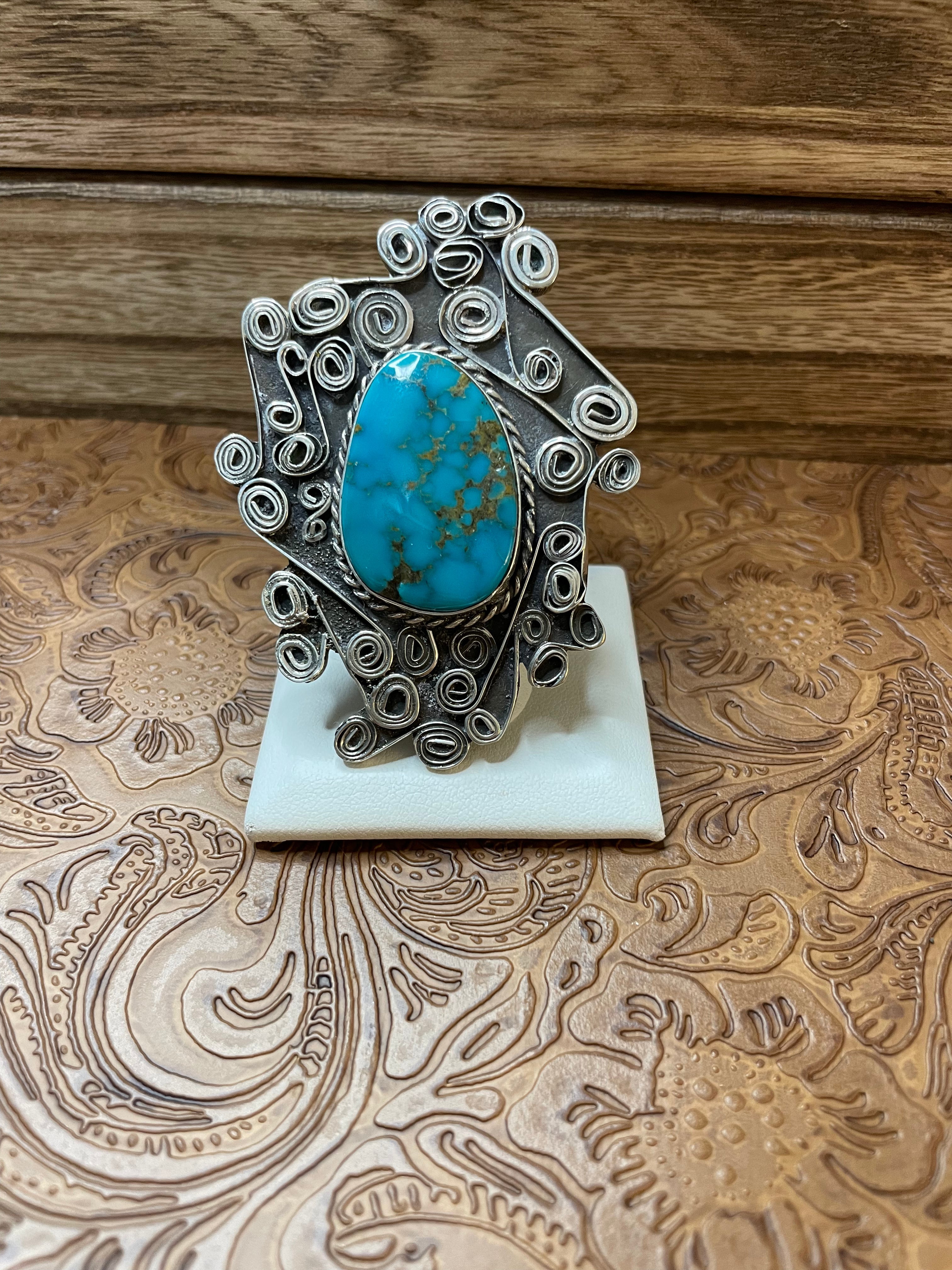 Kingman Turquoise And Sterling Silver Navajo Ring Size 8.5