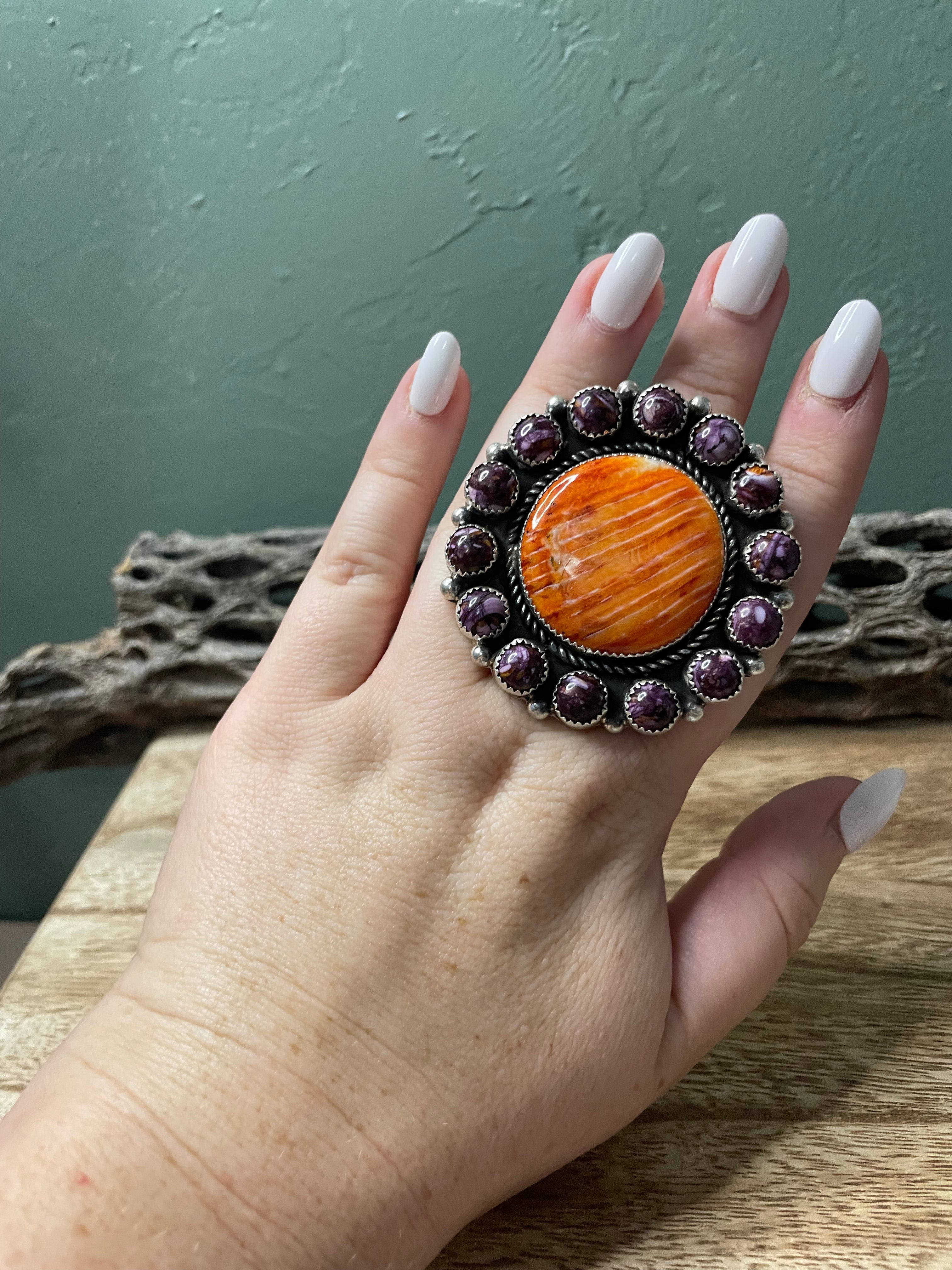 Navajo Sterling Silver And Orange And Purple Spiny Adjustable Ring