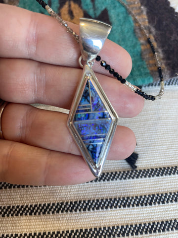 Navajo Sterling Silver & Blue Opal Inlay Diamond Pendant