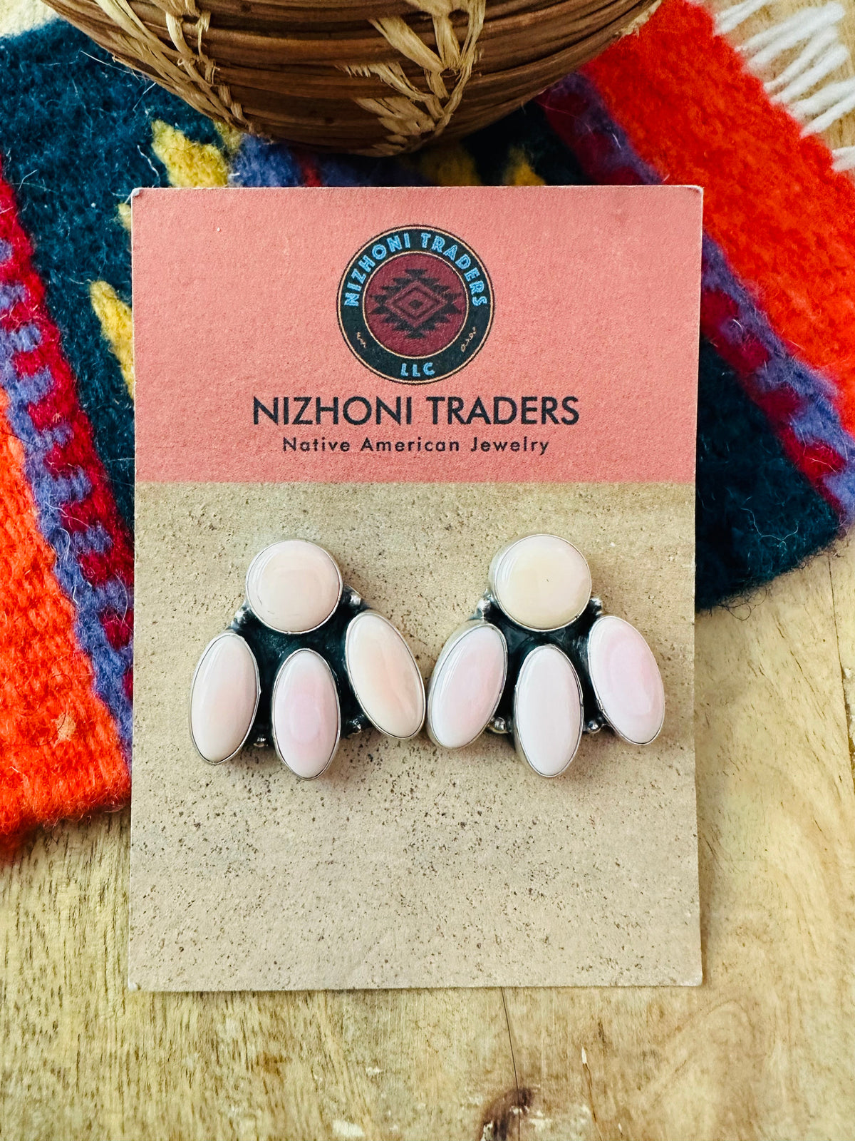 Navajo Queen Pink Conch & Sterling Silver Cluster Stud Earrings