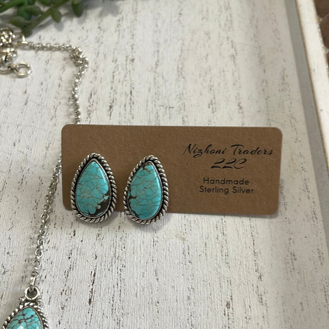 “The Tara” Handmade Sterling Silver & Number 8 Turquoise Necklace Earring Set