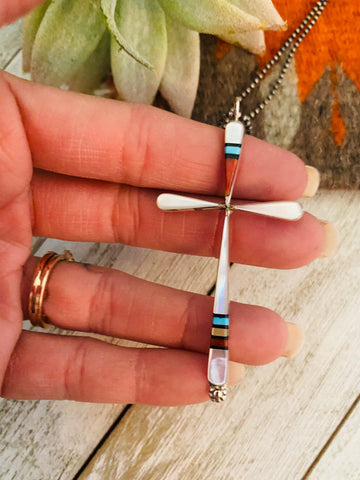 Zuni Multi Stone & Sterling Silver Inlay Cross Pendant