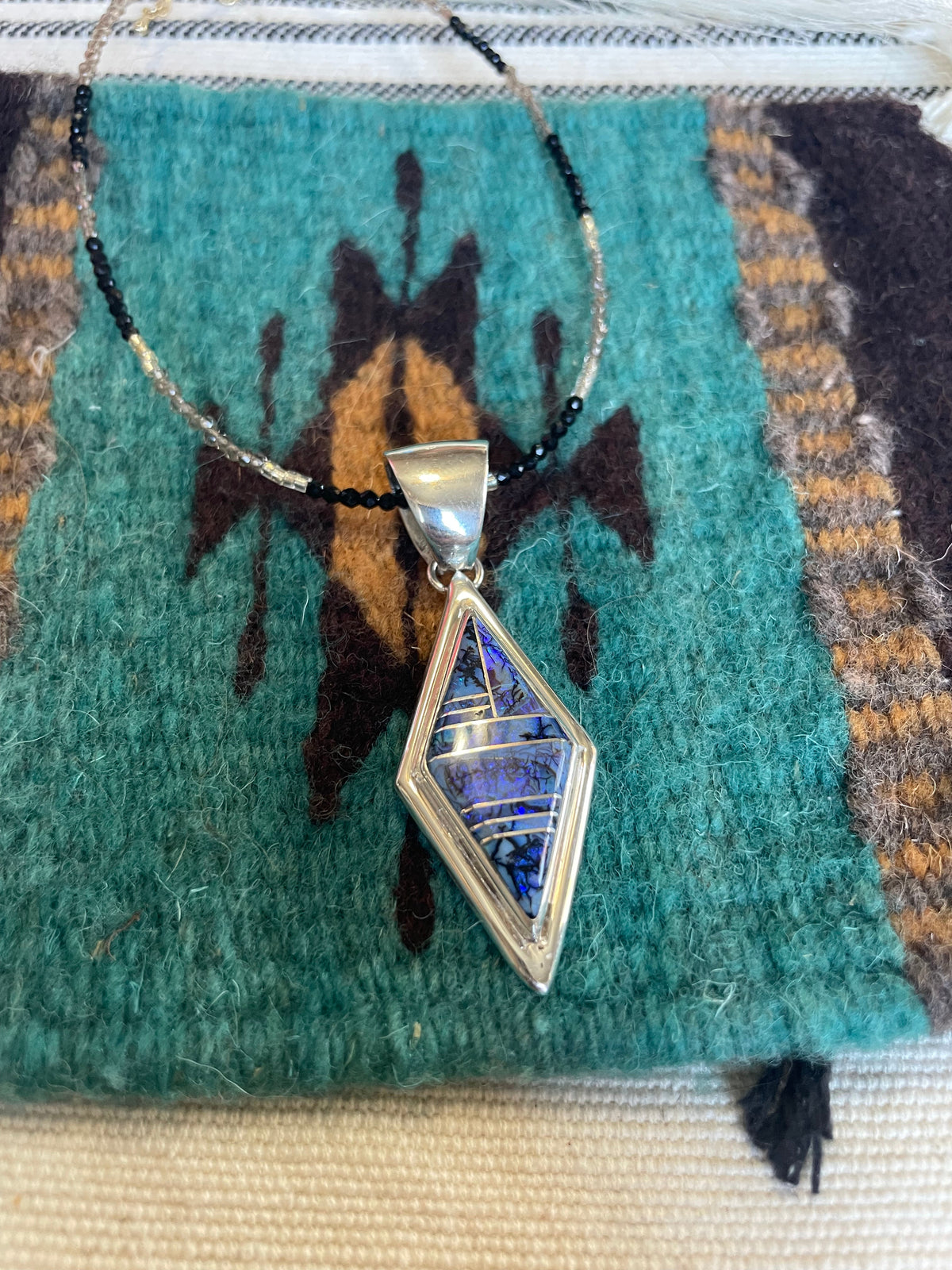 Navajo Sterling Silver & Blue Opal Inlay Diamond Pendant