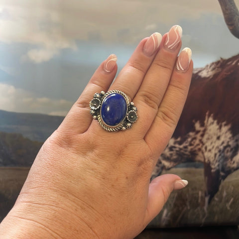 Navajo Lapis & Sterling Silver Flower Ring