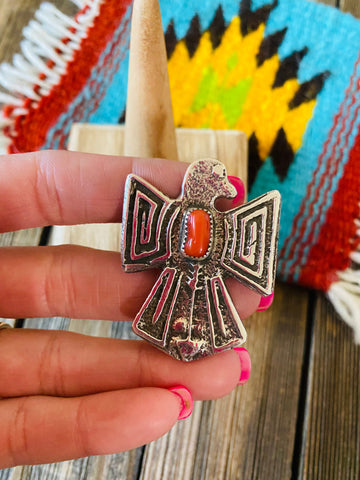 Navajo Sterling Silver & Coral Thunderbird Ring