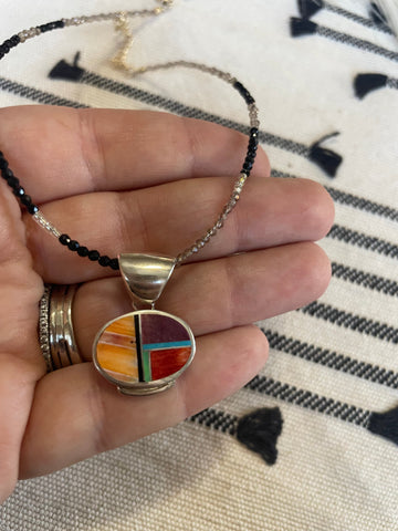 Navajo Multi Stone Inlay & Sterling Silver Circle Pendant