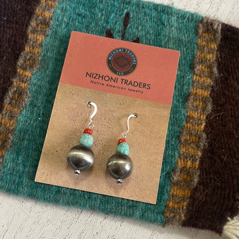 Navajo White Water Turquoise, Natural Coral & Sterling Silver Earrings