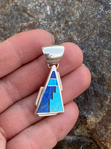 Navajo Lapis, Turquoise, Blue Opal 1.5” Triangle Pendant