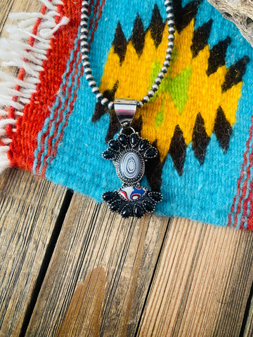 Handmade Sterling Silver, Fordite & Onyx Cluster Pendant