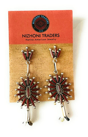 Zuni Sterling Silver & Coral Needlepoint Dangle Earrings