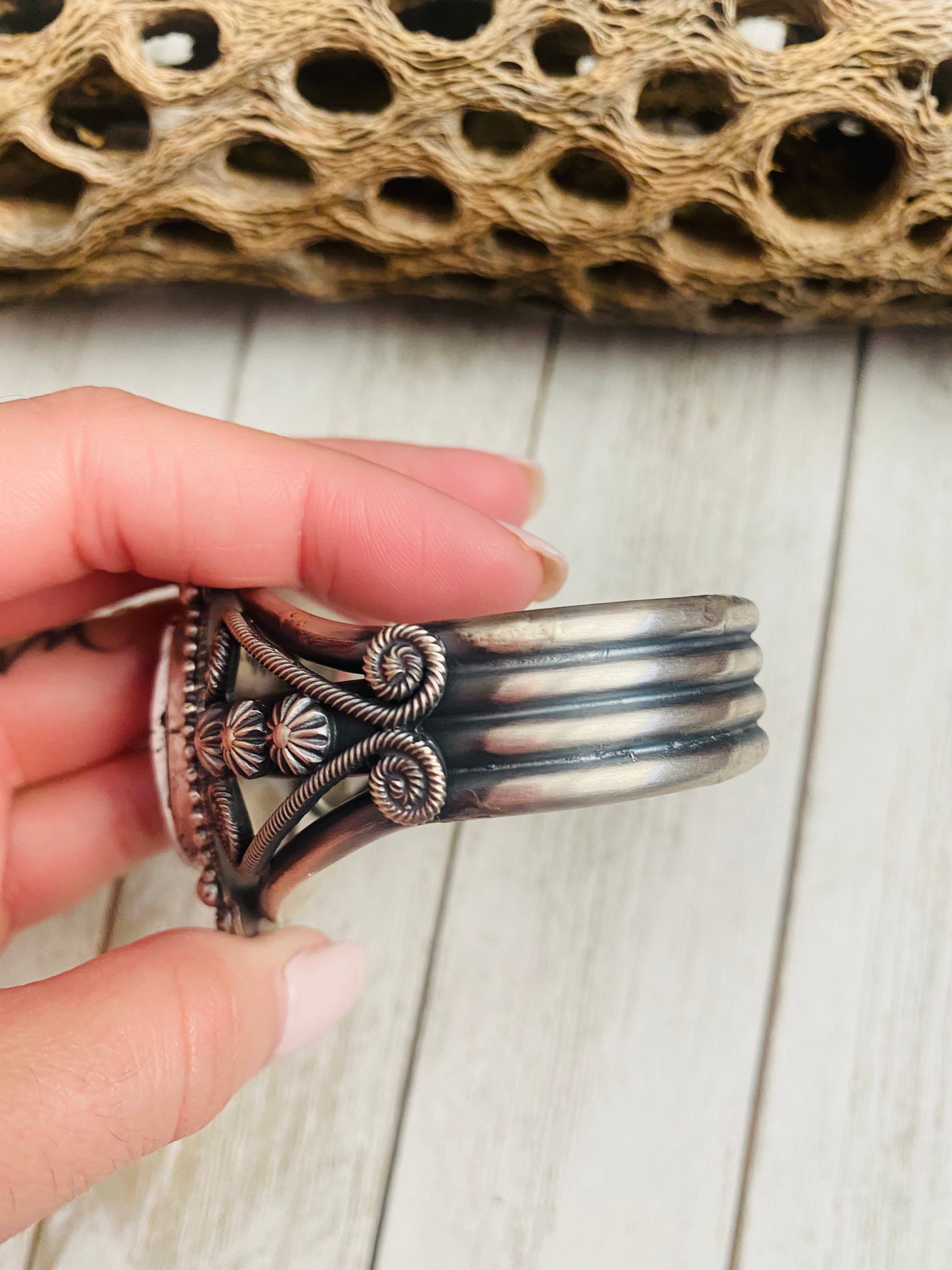 Navajo White Buffalo & Sterling Silver Cuff Bracelet Signed