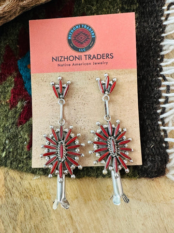 Zuni Sterling Silver & Coral Needlepoint Dangle Earrings