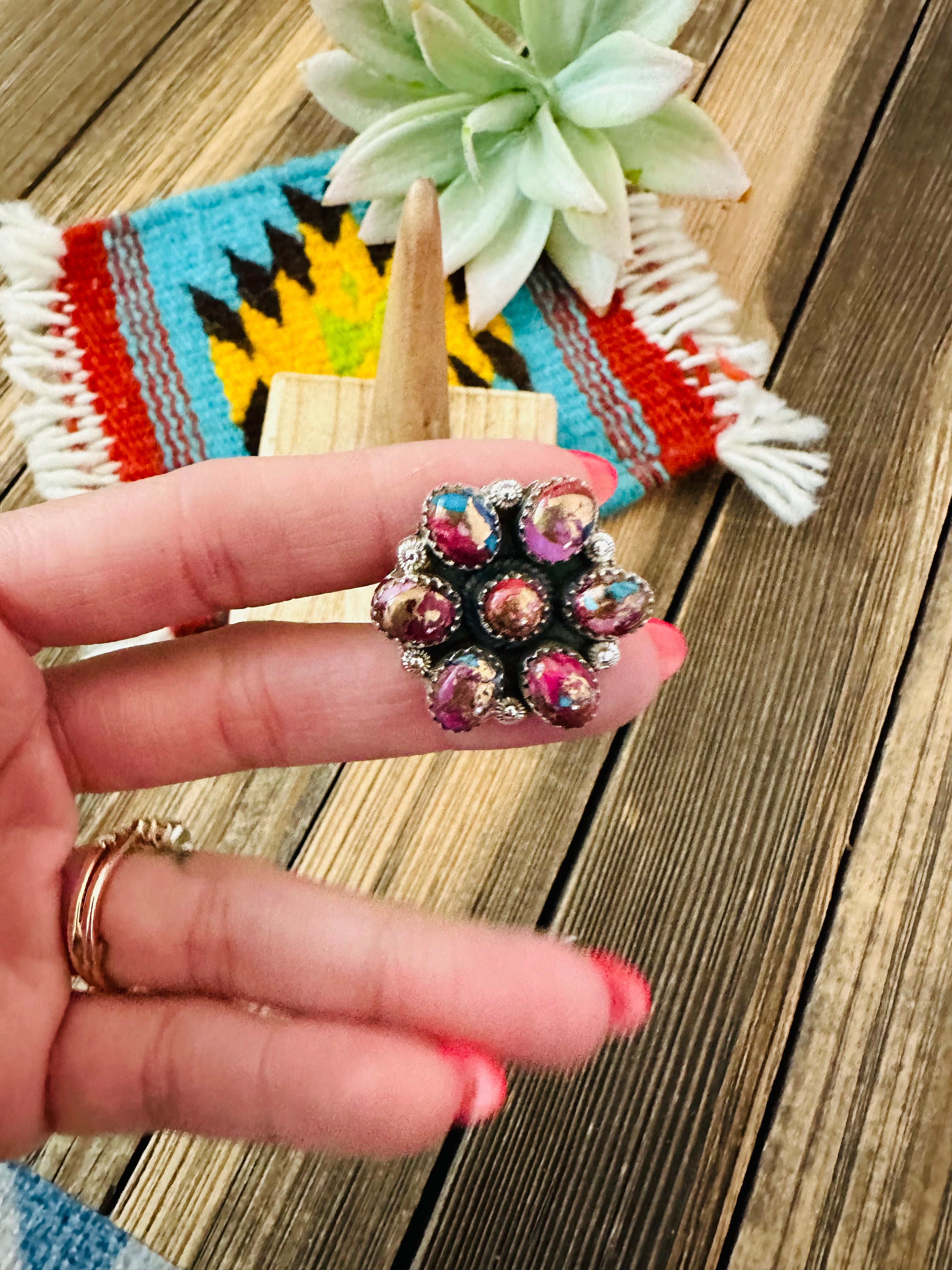 Handmade Sterling Silver & Pink Dream Mojave Cluster Adjustable Ring